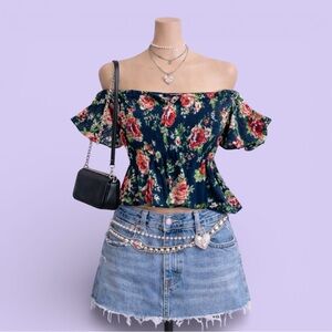 Ambiance Navy Floral Off Shoulder Ruched Crop Top Size L Cottagecore Boho Chic